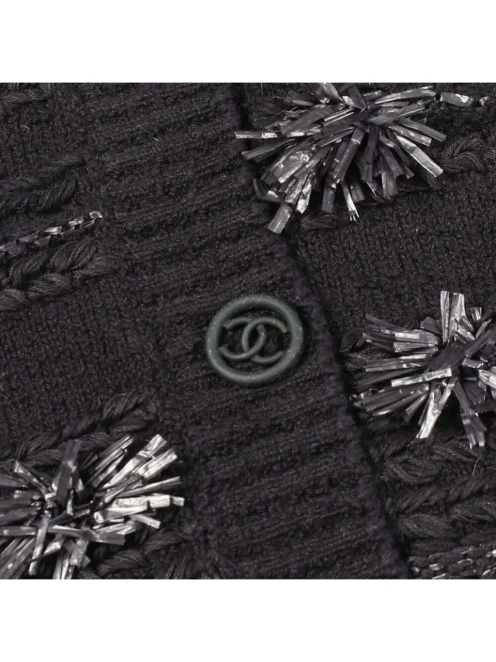 Chanel Cardigan CC Logo Button Fringe Black Cotton Knit